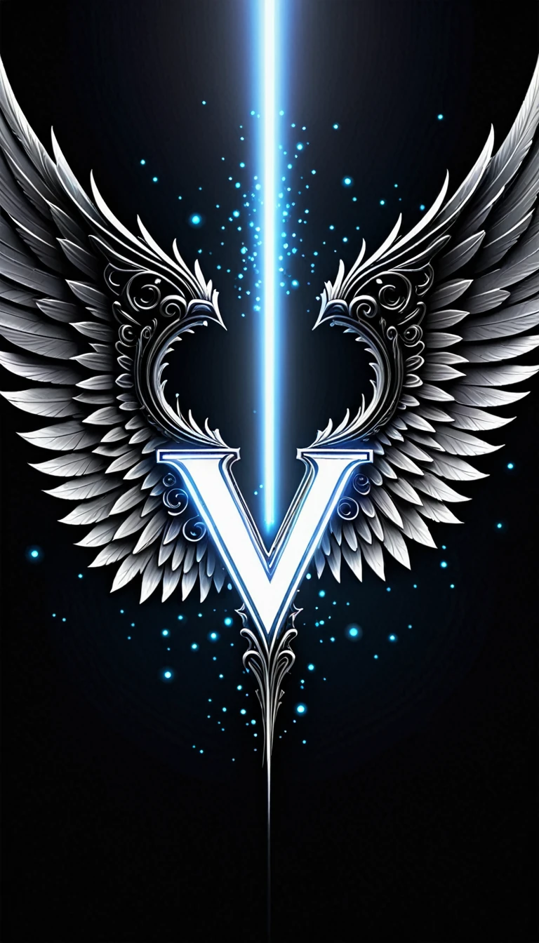 Create a high-resolution wallpaper featuring a large, glowing letter 'M' in the center. The letter should be designed with a bright white, crystalline texture, emitting a soft, pure glow. On either side of the letter, add intricate, detailed wings, half in radiant light and half in deep shadows, symbolizing a fusion of light and darkness. The background should be dark, allowing the glowing elements to stand out, with subtle, abstract patterns of light beams and shadows that enhance the mystical and contrasting aura of the design.