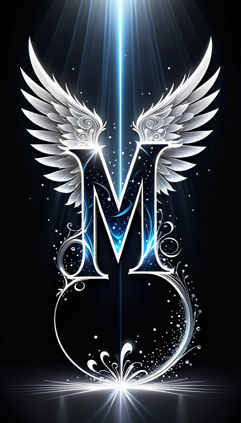 Create a high-resolution wallpaper featuring a large, glowing letter 'M' in the center. The letter should be designed with a bright white, crystalline texture, emitting a soft, pure glow. On either side of the letter, add intricate, detailed wings, half in radiant light and half in deep shadows, symbolizing a fusion of light and darkness. The background should be dark, allowing the glowing elements to stand out, with subtle, abstract patterns of light beams and shadows that enhance the mystical and contrasting aura of the design.