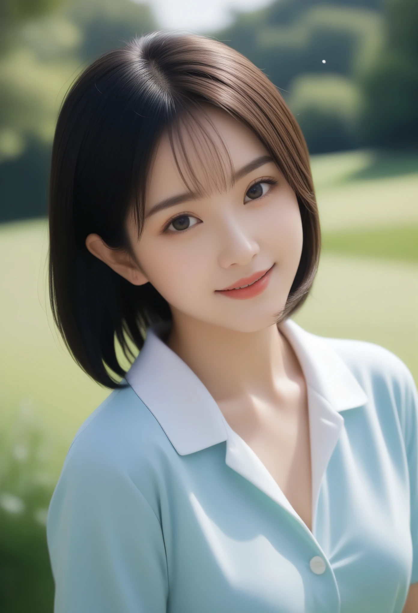 8K, Ultra-high resolution, Highest quality, masterpiece, 三分割法によるphotograph,Surreal, photograph, 1 Girl, (16 years old:1.3), pretty girl, Cute face, Beautiful eyes in every detail, 細かくdetailedに,masterpiece,, One Girl:1.2, Japan Female Announcer,whole body,(Golf Wear:1.5),(Golf course:1.5),Pencil Skirt、Knee socks, Attractive thighs, Sensual,A carefree smile,Heal the heart,Black Hair,Short Bob,Looking at the audience、beauty,Long neck、Laugh a little、Please close your mouth and laugh、(((Ideal body type))),A cup small breasts :2,、Portraiture:2、Perfect Anatomy、鮮明なdetailed、detailed、Surreal、Light and shadow,Strong light 