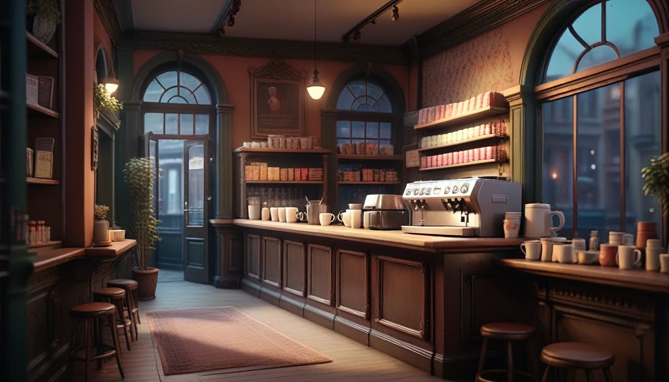 a victorian cozy night time at a coffe interior with cozy lighting and sweets in the shelves. There are coffee cups in the tables. a cash machine and a coffee maker machine in the counter,There is a big window in the middle of the coffeeshop and the outside view is the city at night