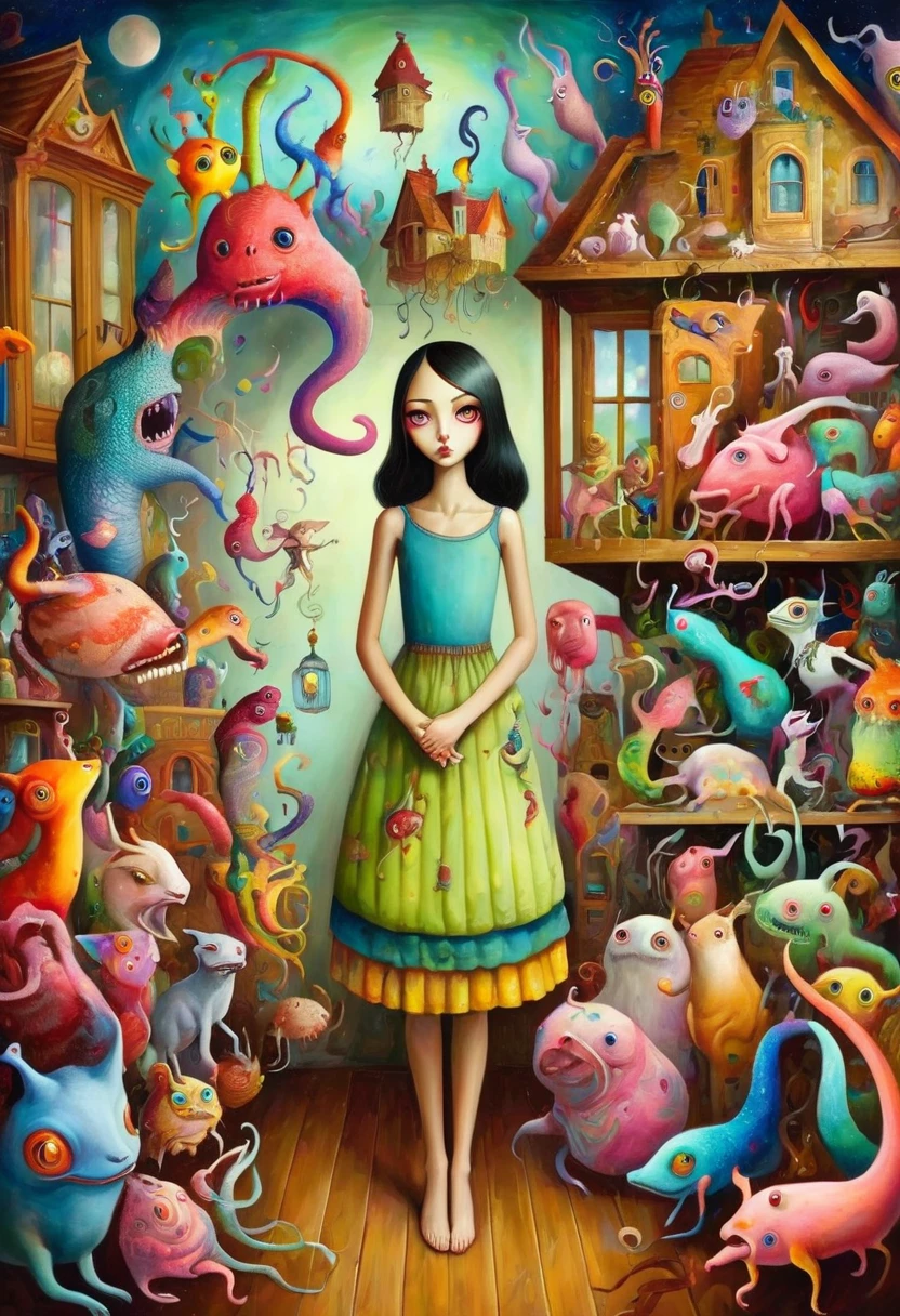 Tony Sandoval (Tony Sandoval) Style of vibrant surrealism, A beautiful girl，In a huge house，It is filled with strange and colorful creatures, Each one of them constitutes a fascinating dream.