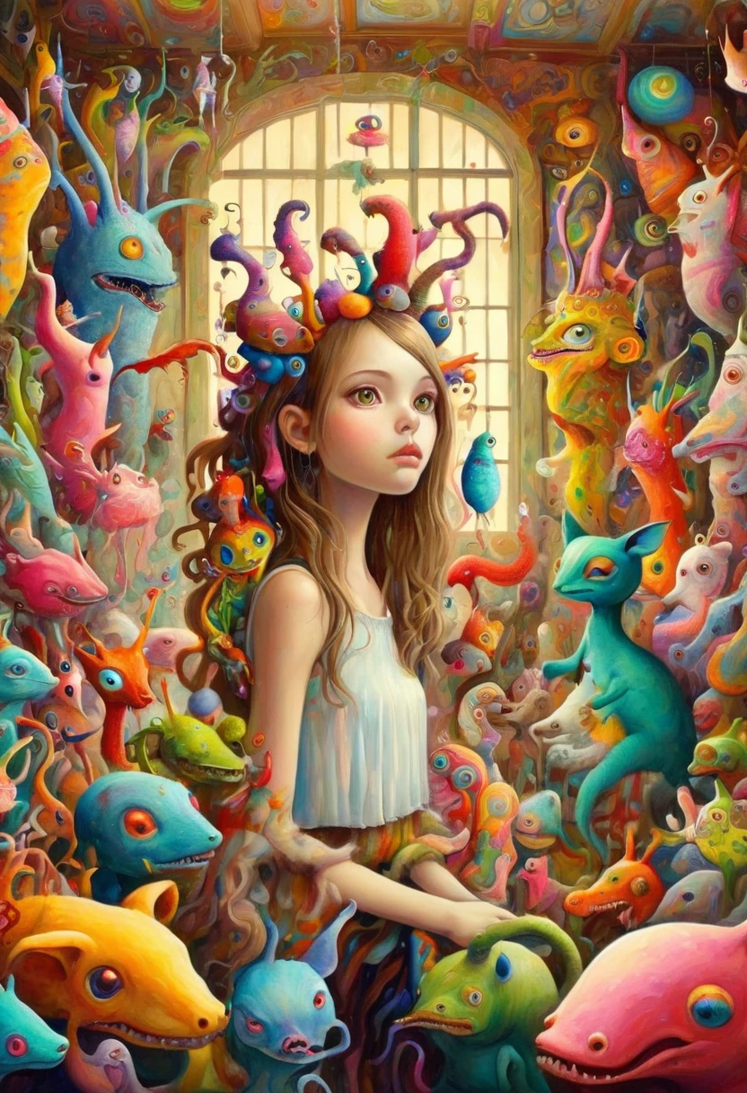 Tony Sandoval (Tony Sandoval) Style of vibrant surrealism, A beautiful girl,In a huge house,It is filled with strange and colorful creatures, Each one of them constitutes a fascinating dream.