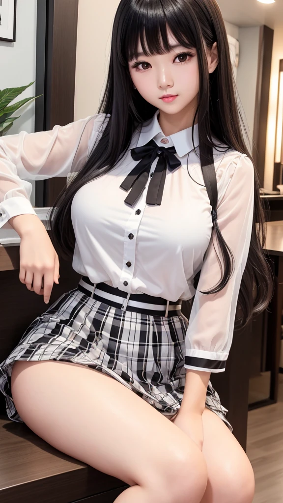 Detailed face、highlight、Asian Girl、thigh、Tabletop、breast enhancement、Bodyline、Black Hair、Heavy bangs、Checkered Skirt、White blouse、Support your chest with both arms、