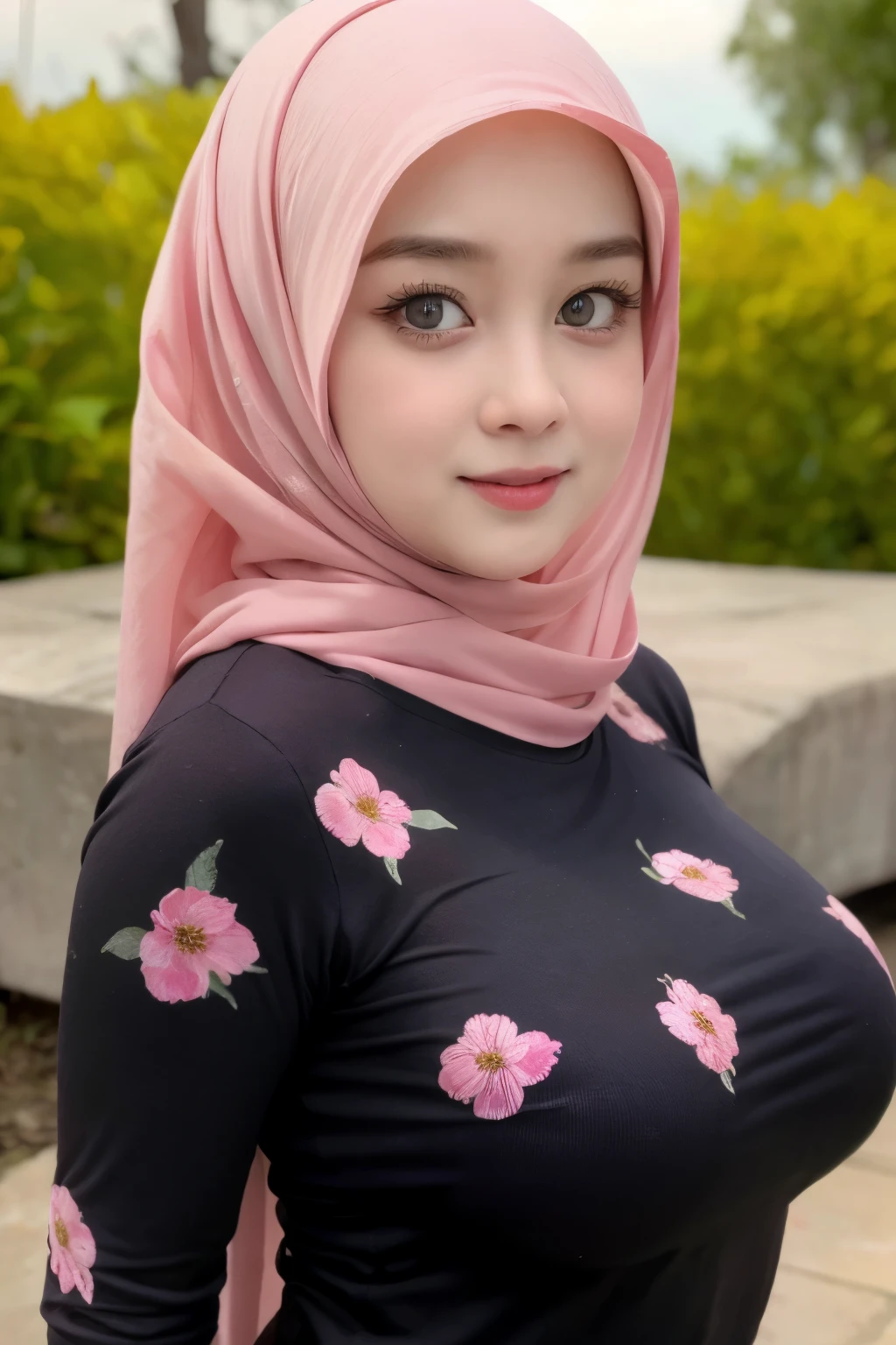 Jumbo (Bbw Chubby & Fatty), adorable, 1 girl, (face to face), , baby face, hf body portrait, (face details: 1), (eye details: 1), ((big breasts)). wearing transparent transparency soft long shirt, hijab, .. Cute posed. proportional body. Ultra High Res. realistic: 1.4, UHD, (floral pattern), view from side seductive pose