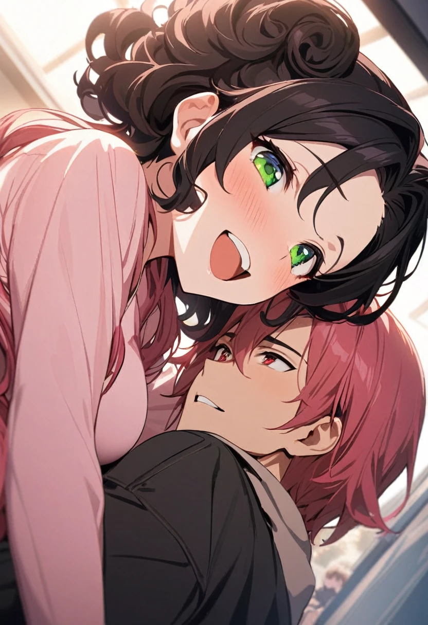 (couple), girl and boy, 1boy, ((boy with green eyes, short black curly hair)), 1girl, ((girl with red eyes, vibrant pink long hair)), intimate, rich in detail, happy expression, love, long shot, wide angle, (((masterpiece, best quality, aesthetic, heavenly)))