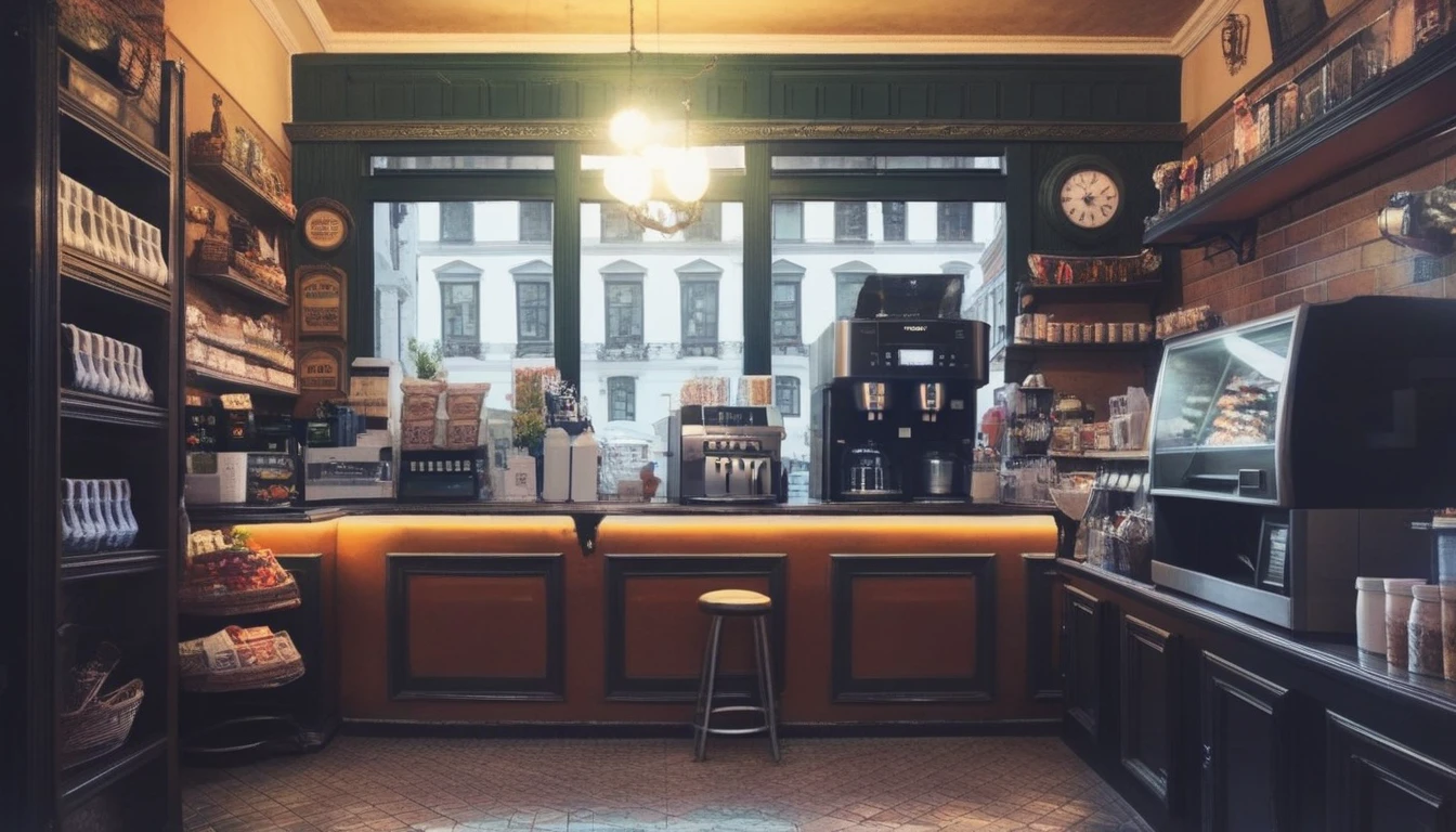 a victorian cozy night time at a coffe interior with cozy lighting and sweets in the shelves. There are coffee cups in the tables. a cash machine and a coffee maker machine in the counter,There is a big window in the middle of the coffeeshop and the outside view is the city at night