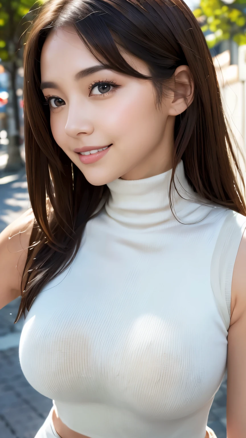 (8K, 超A high resolution, Best Quality, masutepiece:1.2)、RAW portrait of japanese girl、超A high resolution、top-quality、 (huge-breasted,:1.6)、{Hide all breasts:1.2}{Off-white shorts:1.5}、(Wearing a white sleeveless turtleneck:1.5)、(hands to hips:1.6)、(In the street:1.2) BREAK (Natural Skin Texture、Detailed skin、Hyper-Realism、ultra sharpness)、intricate detailes、depth of fields、Sexy adult woman、Black hair shortcuts、Toned buttocks、((masterpiece、top-quality、high-detail))、(Photorealsitic:1.4)、solo、closes mouth、Smile happily、big eye、Distinct double eyelids、Lashes、long neck、Absolute area、Clean collarbone、face perfect、thin lips、a small face、(gazing at viewer、Highlights in the eyes、Light brown eyes、lipgloss)、(Show the whole body from the side:1.3)