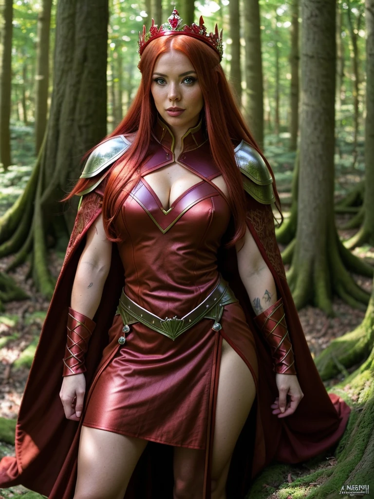 a woman in a red split off dress and a crown posing in the woods, alluring elf princess knight, redhead queen in heavy red armor, wlop and artgerm, alena aenami and artgerm, elf queen, fantasy woman, extremely detailed artgerm, female elf, lady in red armor, elf girl, aly fell and artgerm