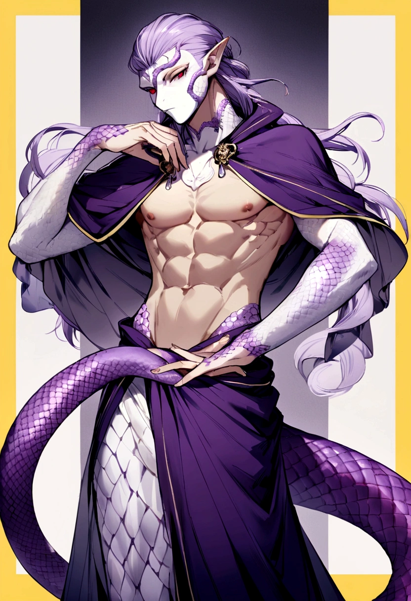 male snake man, light purple hair to waist length, purple eyes, wearing white mask with red eyes, wearing cloak, purple and white snake tail with yellow border, pointed ears, has some purple scales on face, arms and hands. abs