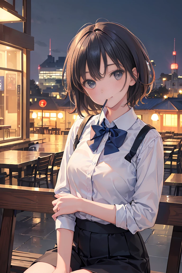 (8k, RAW photo, best quality, masterpiece:1.2), (realistic, photo-realistic:1.37), ultra-detailed,
1 girl,cute, solo,beautiful detailed sky,detailed cafe,night,sitting,dating,(nose blush),(smile:1.1),(closed mouth),large , seductive smile, large aparture, professional lighting, Sony A7R4, Zessie 50mm F1.8,
medium breastsful detailed eyes,(collared shirt:1.1), bowtie,pleated skirt,(short hair:1.2),floating hair