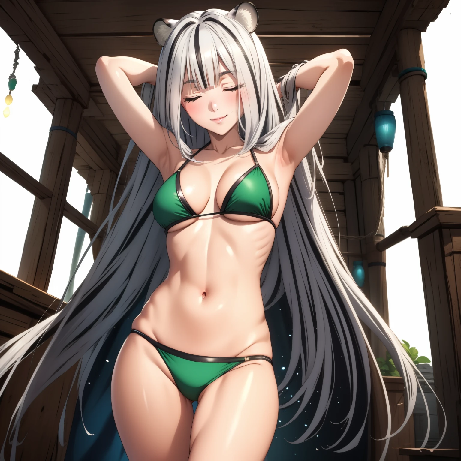 Atlas Fayon woman 40 years, white hair with black stripes ,white tiger ears, closed eyes, blind woman with closed eyes, detailed green bikini, flirtatious smile ,   stop, standing, hands behind head.