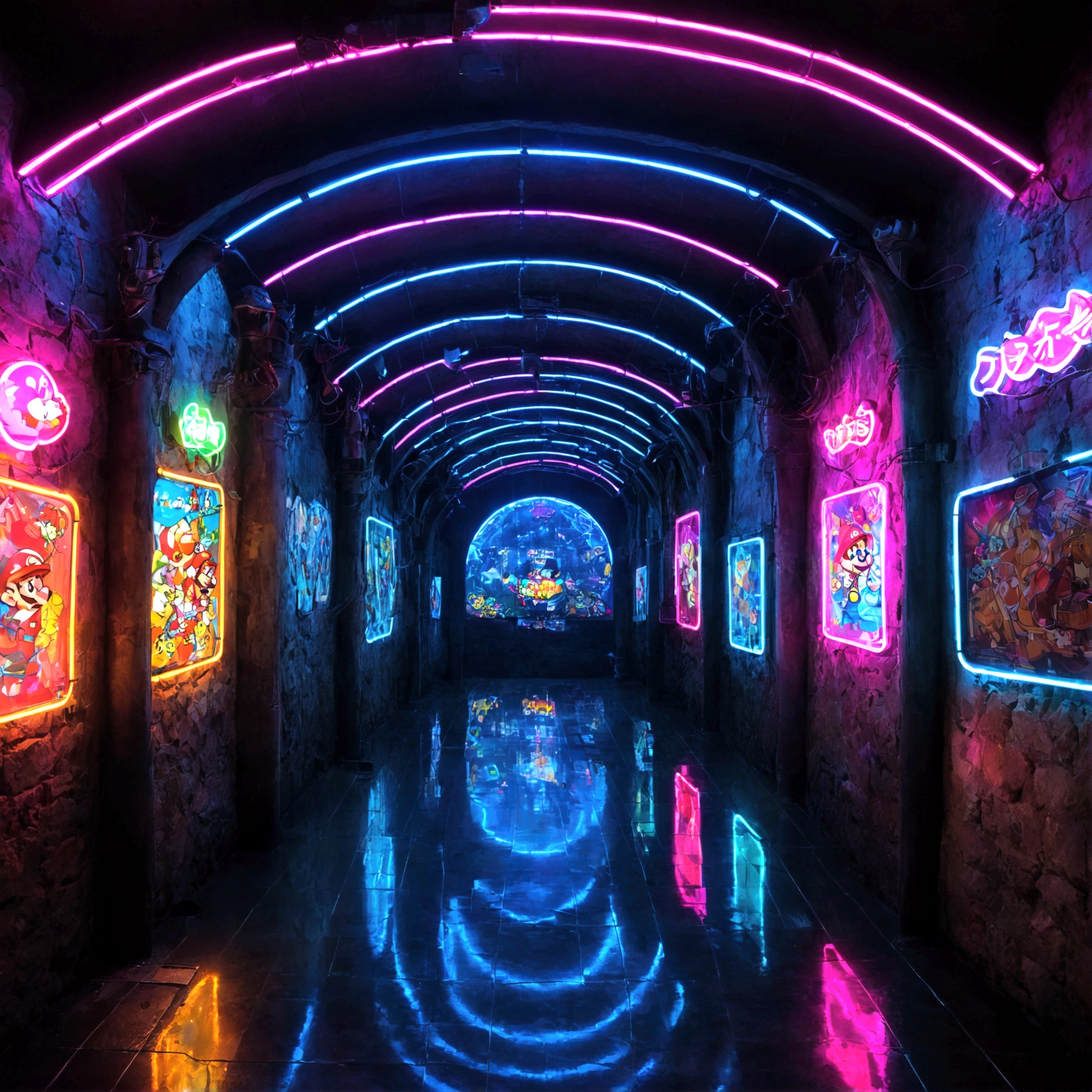 It's like a theme park attraction.、ワクワク感満載のunderground prison!🎉 The floor、カラフルなGlassの通路になっており、Looking down、とろーりcheese fondueの川が流れている! On one wall、巨大なGame screenが設置され、Marioの世界の冒険の様子が映し出されている。From the ceiling、無数のMirror ballがキラキラと輝き、Brighten up the entire space。In the back、Neon Signsで飾られたArched entranceがあり、It seems to lead to the next area.。Beautiful game scenery, pop, Mario, underground prison, Glass, cheese fondue, Game screen, Mirror ball, Neon Signs, Arched entrance