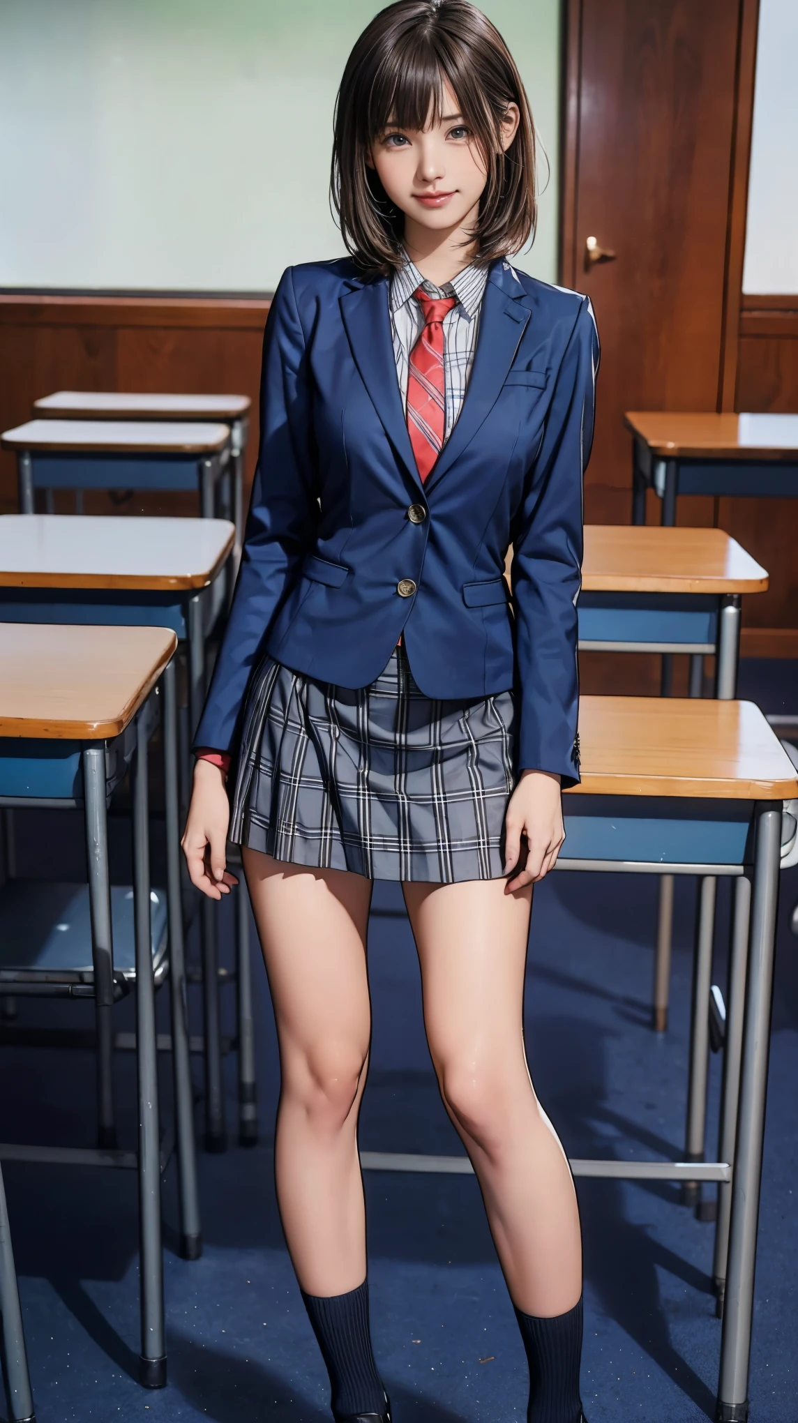 ((masterpiece)),(((Highest quality))),Thin thighs,Long legs,Girl standing in a school classroom,Red Tie Uniform,Dark Blue Blazer,Blue plaid skirt,18-year-old,bangs,A small smile,Random Pause，pretty girl，Slender girl，