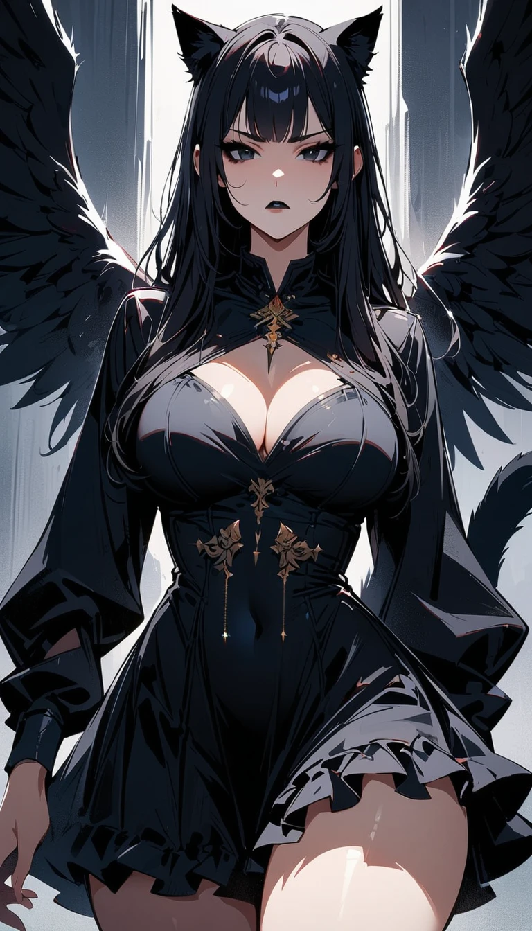 beautiful, (masterpiece:1.2), (best quality:1.2), perfect lighting, raven girl, floating in front of the moon, black hair, black clothes, big boobs, red eyes, wavy hair