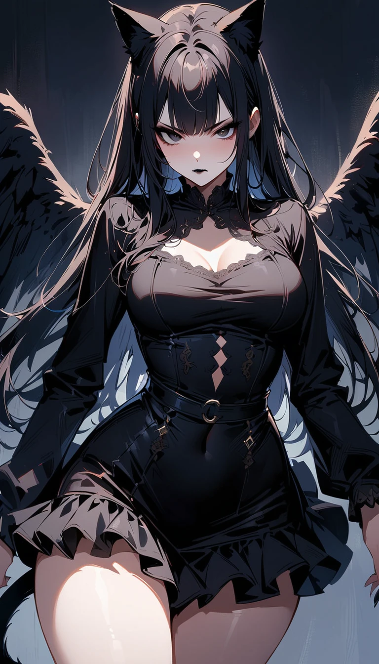 (high quality, 8k, 4K, high contrast, artwork:1.2, high quality, best aesthetics), (dynamic angle), ((1 woman)), erotic, sensual, mature body, super detailed, beautiful face detailed, beautiful eyes detailed, detailed beautiful mouth, perfect breasts, wide thighs, sexy body, (long straight black hair), (black eyes), (black lipstick), (black eyeliner), (black eyeshadow), (serious expression), (penetrating gaze), (black angel wings), (black cat ears), (black cat tail), (short black dress with short ruffled skirt and long sleeves), (centered), (looking at viewer), (standing)