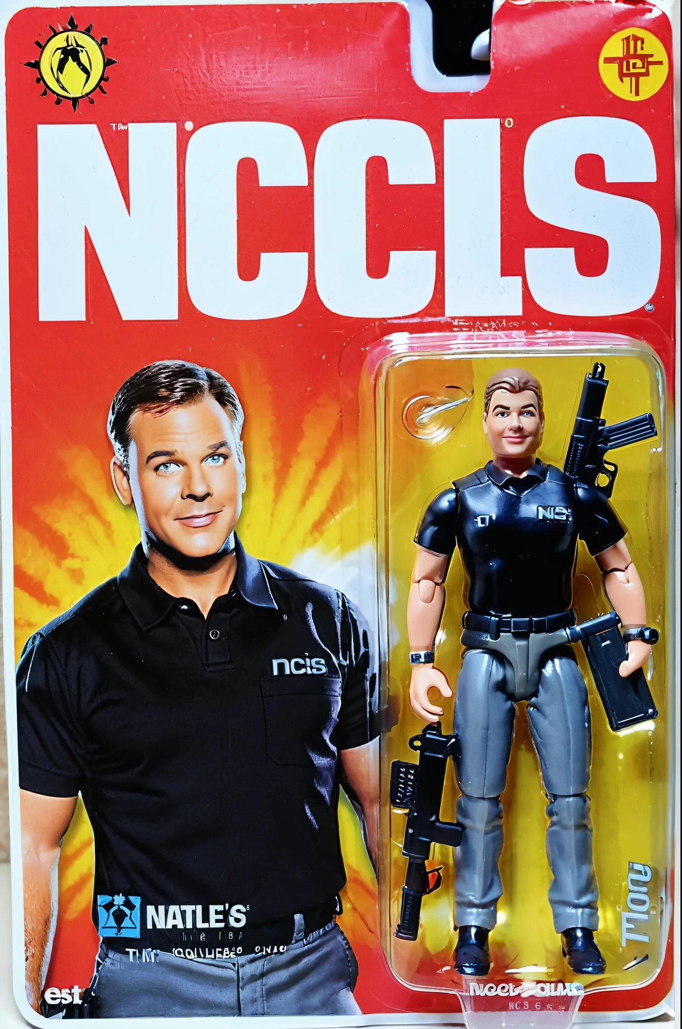 A toy of Tim McGee from the NCIS tv-series, holding a hundgun, wearing black shirts and grey pants, (logo text 'NCIS : Tim McGee':1.5) Mattel,