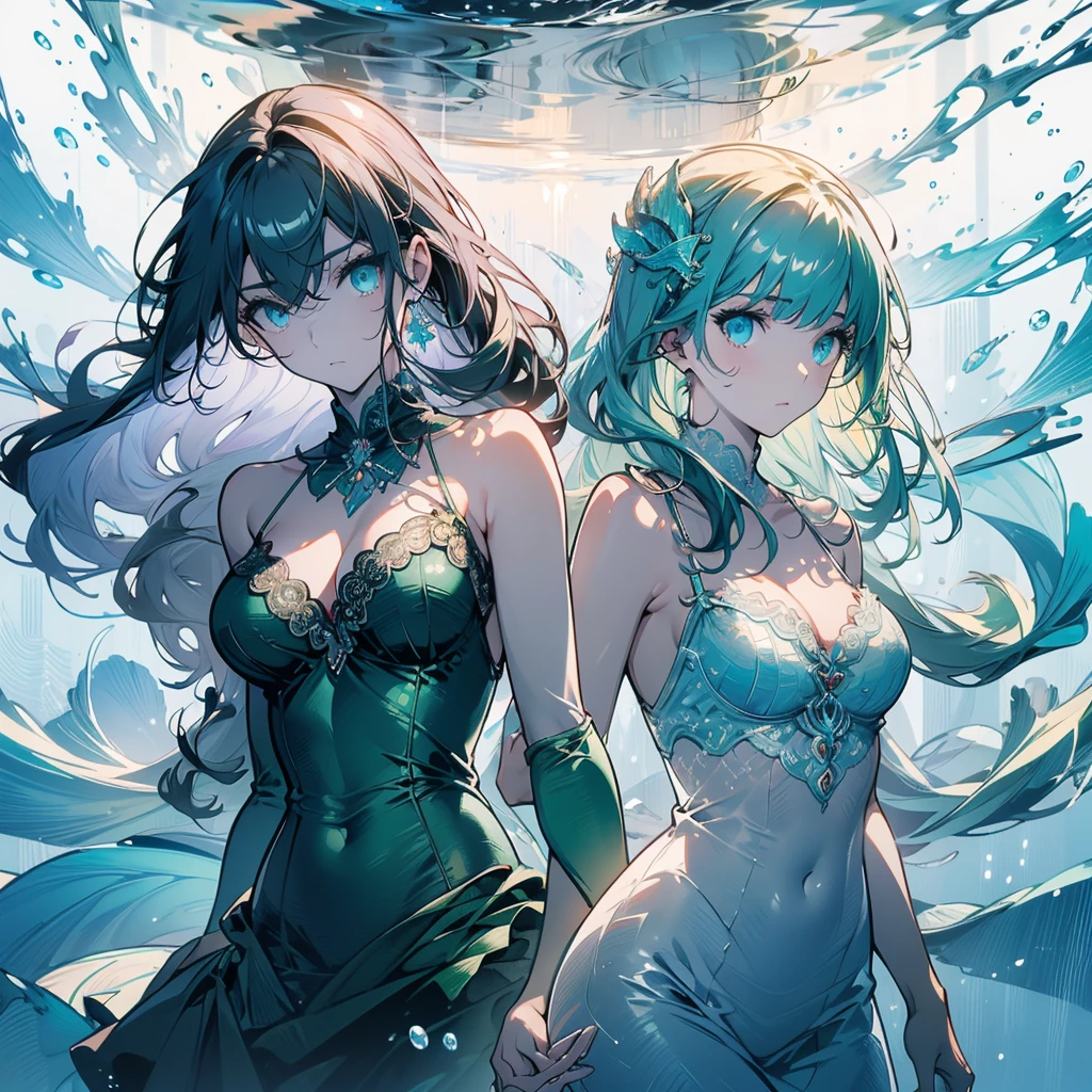 ((masterpiece, best quality)), Delicate face，green， Mermaid under the sea，Scales，whole body，Standing picture，Large Breasts，Gradient long wavy hair，Perfect body proportions，beautiful eyes，Extremely beautiful，transparent，Pure white background，Water Ripples，Sexy Lingerie，Lace