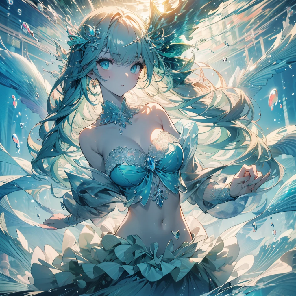 ((masterpiece, best quality)), Delicate face，green， Mermaid under the sea，Scales，whole body，Standing picture，Large Breasts，Gradient long wavy hair，Perfect body proportions，beautiful eyes，Extremely beautiful，transparent，Pure white background，Water Ripples，Sexy Lingerie，Lace