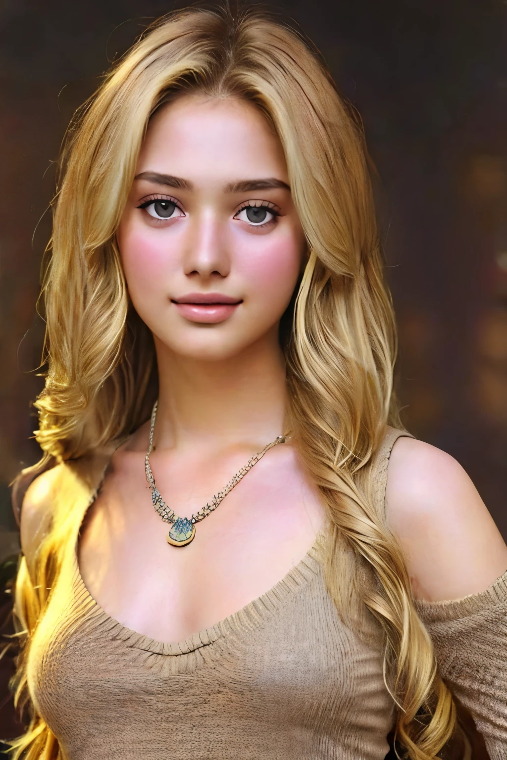 1girl in, 19, Solo, Long hair, Colossal , Looking at Viewer, blondehair, Bare shoulders, Brown eyes, jewely, Full body, a necklace, off shoulders, Sweaters, Realistic, A sexy