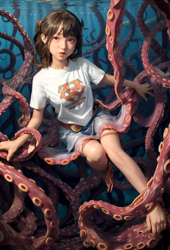 arafed girl in a supergirl (12-year old) shirt under water with octopus tentacles, covered with tentacles, tentacles around, beautiful octopus girl, some tentacles are touching her, many tentacles, super nova octopus, in a underwater horror scene, underwater photography, tentacles, octopus tentacles, squid attack, tentacle