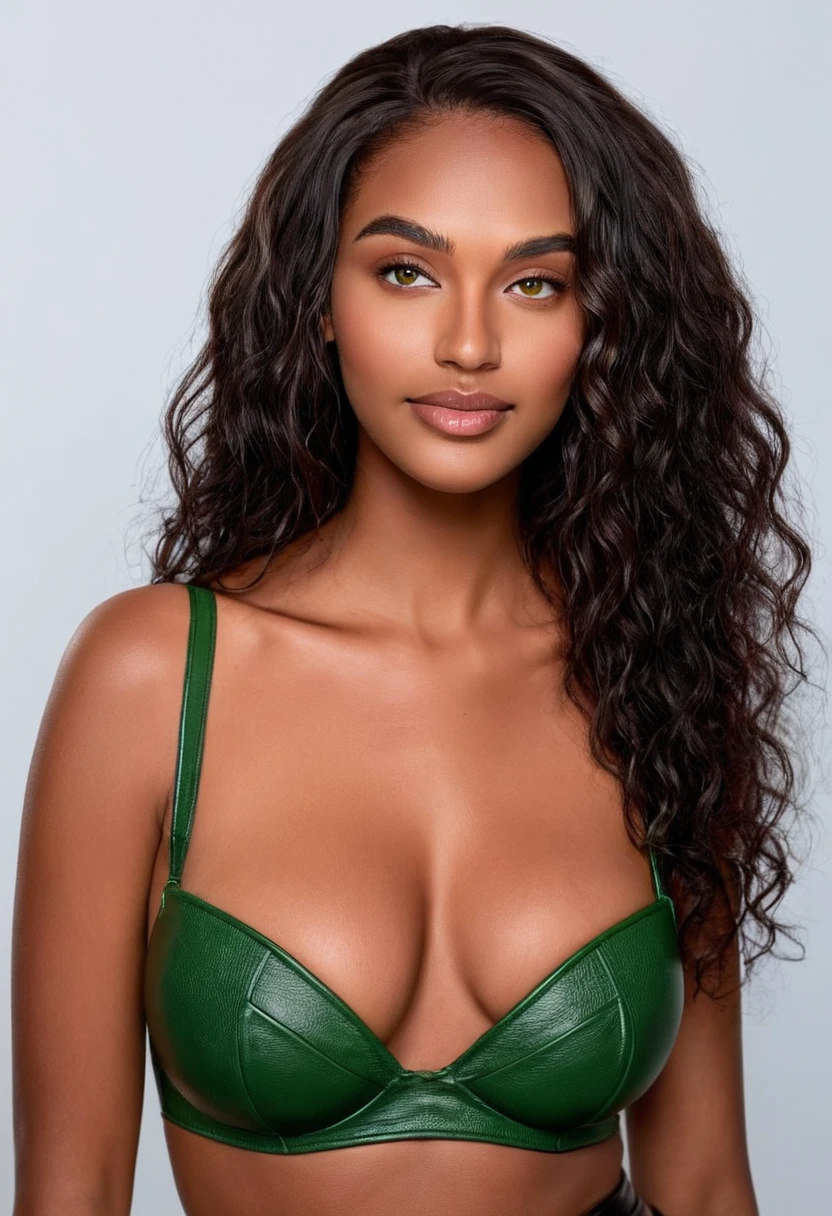 a beautiful woman, beautiful Latin face, Brazilian supermodel, stunning, stunning beauty, Angolan descent, most beautiful woman in the world, jaw-dropping beauty, young adult 30 years old, She has an exotic beauty, native Brazilian, tall woman, a stunning black African woman, with indigenous features, beautiful indigenous girl, ((An indigenous African girl with European ebony)), ((her beauty is undeniable)), beautiful young ebony girl with dark skin, tanned Mexican. *hair: Curly black hair with brown highlights, Voluminous black hair with brown highlights, vibrant and dynamic cut with soft waves. *eyes: green and expressive eyes, beautiful green eyes, realistic green eyes, detailed green eyes, ultra realistic, symmetrical, hyper realistic, (eyeliner, long eyelashes), intense and penetrating look, seductive, mysterious and charming look, look at it magnetism, attraction and fascination. * Eyebrows: Perfect eyebrows that arch gracefully above the eyes and are thick. * the nose is small and proportional to the face and the soft contour of the face that accentuates the high cheekbones. *Mouth: Attractive and irresistible mouth, well-defined lips, full lips, voluminous lips, seductive lips, captivating, striking, unforgettable, mischievous, sexy, your features are captivating, seductive expression, a seductive smile is enigmatic *Face shape: O the face is oval, with high cheekbones and a well-defined chin, a beautiful and detailed face. *Makeup: Makeup is subtle, but highlights natural features. Skin Tone: Olive skin, with healthy and even glow, with olive skin, dark skin, sexy girl with dark skin, detailed skin texture, beautiful and glowing skin, intricate details, smooth skin, healthy and radiant appearance. *body: attractive and slim woman, medium bust, athletic, thin waist, wide hips, big butt, thick thighs, shapely legs. sexy pose, full body photo, ((seductive)), Sexy, (black leather bra:1.1), (black leather pencil skirt:1.2). 3D 4k, high resolution, full sharpness