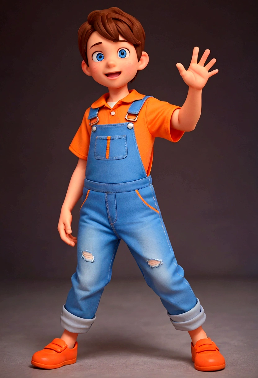 The image features a realistic boy against a dark background. The character has short brown hair and blue eyes, wearing an orange with yellow dungarees clothes. They are waving their right hand towards the viewer. the character is a boy. In the image his entire body should appear. The character's pose is friendly and welcoming, making him realistic
