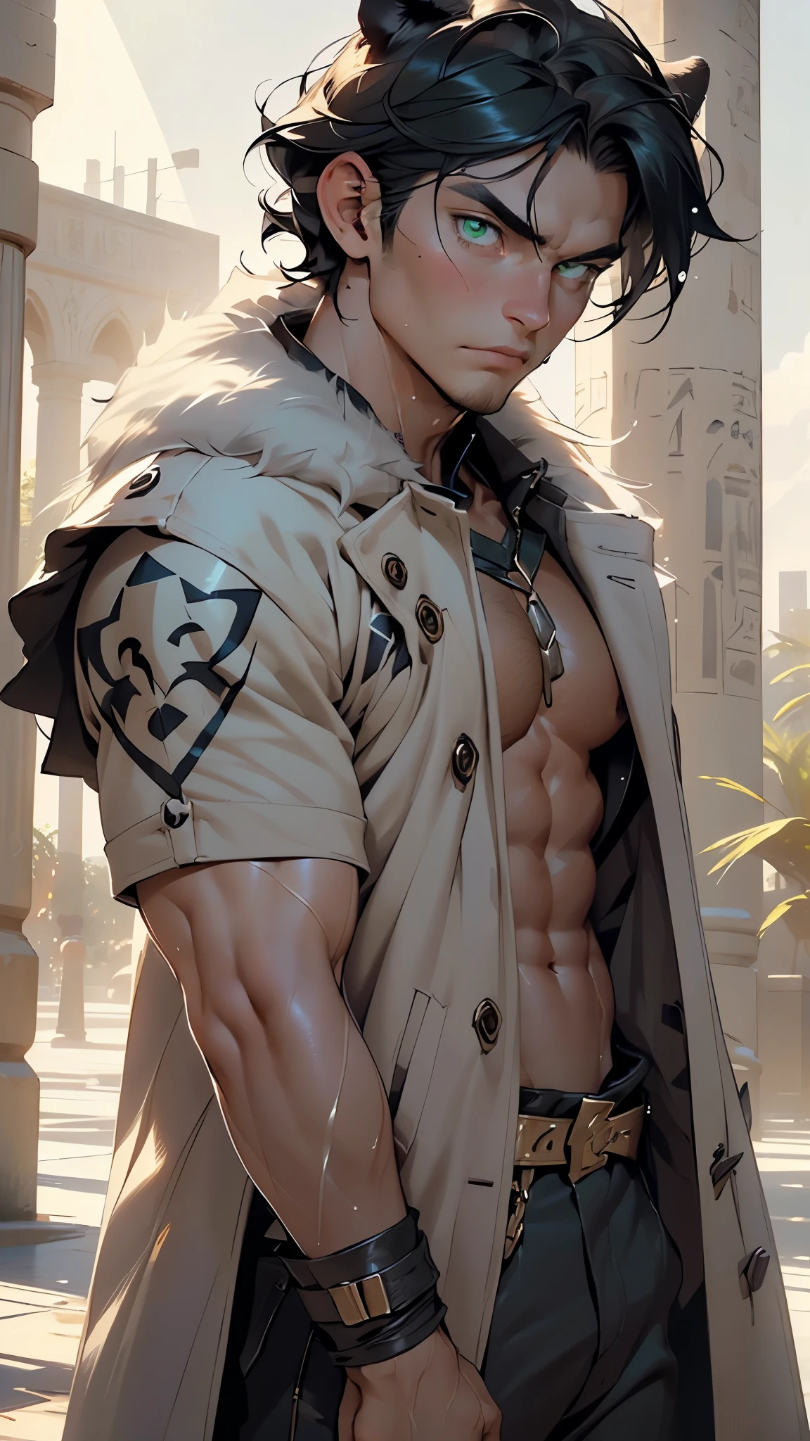 (Masterpiece, best quality), 1 male, mature, age: 1.4, tall muscular man, broad shoulders, delicate eyes and detailed face, extremely detailed CG unified 8k wallpaper, intricate details, fantasy, royal, noble, admiral, short hair, black hair, black eyes, navy, commander, wearing only white shorts, shirtless