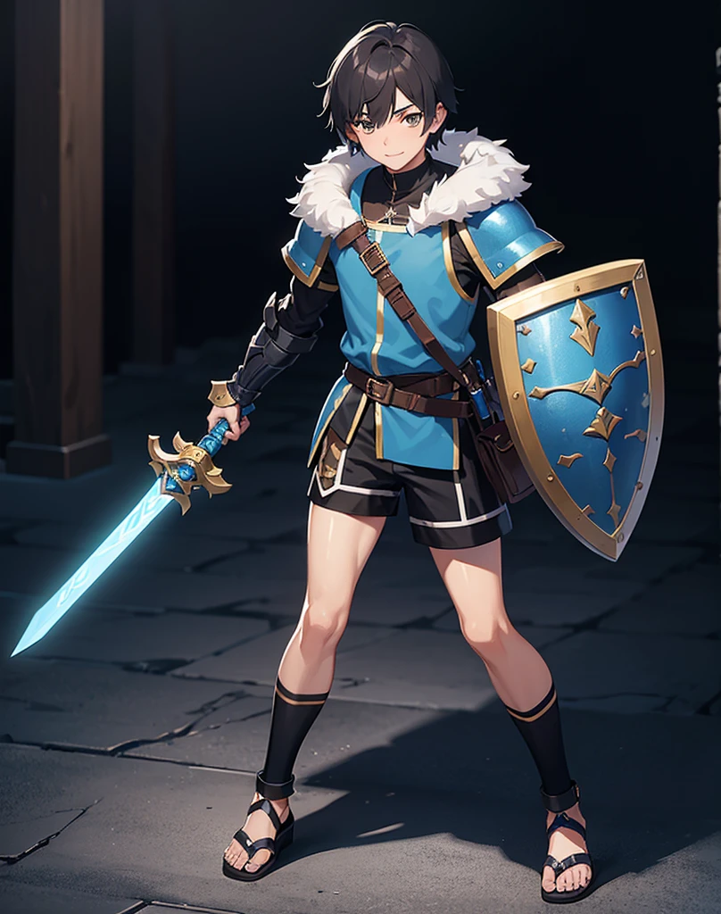 Young boy with black hair, brown eyes and fair skin, innocent and happy, wearing neon blue barbarian fur tunic, black shorts, gauntlets and sandals, weilding sword and shield, blue armor, fullbody, medieval background, boyish athletic