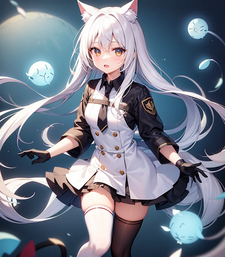((White knee-high socks)),(Cat ear),(Cat's Tail),Cute little ,Tiny , girl,,Childish face, Very fine clean face,Top quality, Big eyes,Straight Hair,Yellow hair,Crimson Eye,(Dark Room), Subtle light, Natural light,Soft lighting,Light from directly behind, (Are standing), Cute pose, (Open your hands), Showing the whole body,Front view,Black background