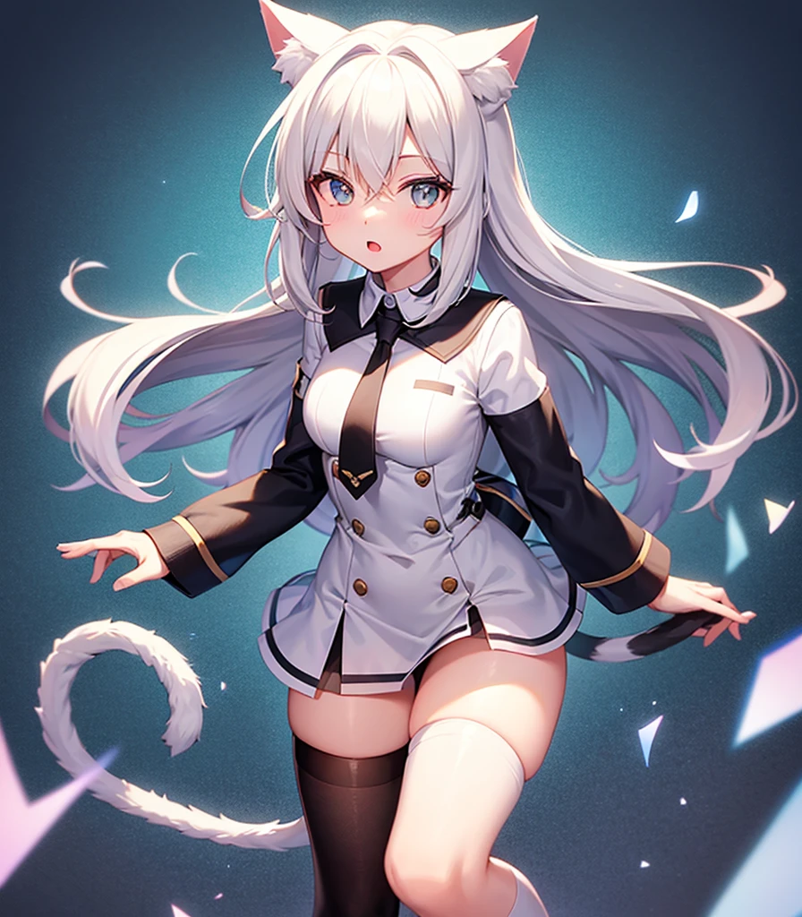 ((White knee-high socks)),(Cat ear),(Cat's Tail),Cute little ,Tiny , girl,,Childish face, Very fine clean face,Top quality, Big eyes,Straight Hair,Yellow hair,Crimson Eye,(Dark Room), Subtle light, Natural light,Soft lighting,Light from directly behind, (Are standing), Cute pose, (Open your hands), Showing the whole body,Front view,Black background