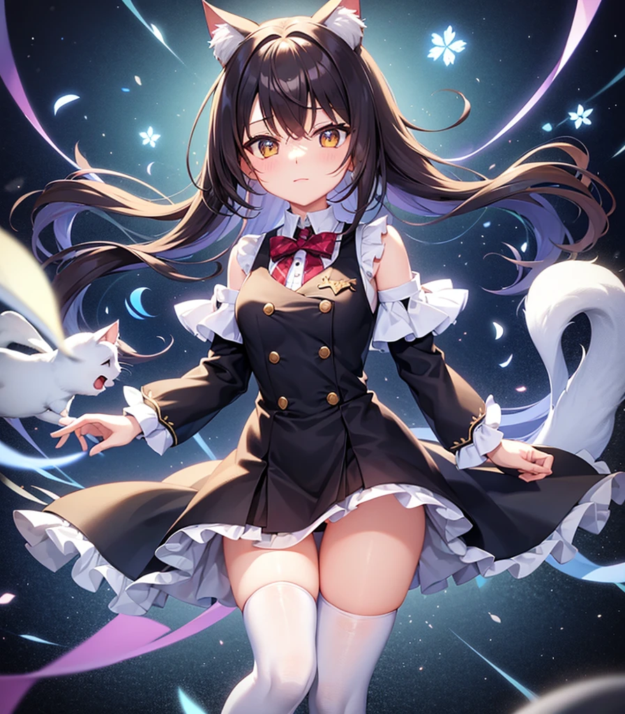 ((White knee-high socks)),(Cat ear),(Cat's Tail),Cute little ,Tiny ,Small girl,,Childish face, Very fine clean face,Top quality, Big eyes,Straight Hair,Yellow hair,Crimson Eye,(Dark Room), Subtle light, Natural light,Soft lighting,Light from directly behind, (Are standing), Cute pose, (Open your hands), Showing the whole body,Front view,Black background