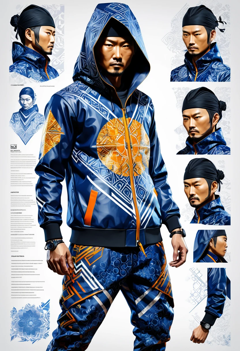 infographic character design, multiple concept designs, concept design sheet, blue print paper, photo realistic , 3D, UHD, mixed style of yoji shinkawa, hideo kojima and Yoshitaka Amano , malay warrior wearing minimalist shiny Sukajan hoodie jacket with (( hybrid of geometric batik and Japanese tatoo drawing style)) , high contrast blending and combination of ((white , lots of red, yellow , blue, orange and black)) colour , matching pants, fiery, high spirited determined mood