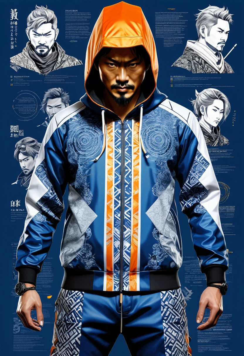 infographic character design, multiple concept designs, concept design sheet, blue print paper, photo realistic , 3D, UHD, mixed style of yoji shinkawa, hideo kojima and Yoshitaka Amano , malay warrior wearing minimalist shiny Sukajan hoodie jacket with (( hybrid of geometric batik and Japanese tatoo drawing style)) , high contrast blending and combination of ((white , lots of red, yellow , blue, orange and black)) colour , matching pants, fiery, high spirited determined mood