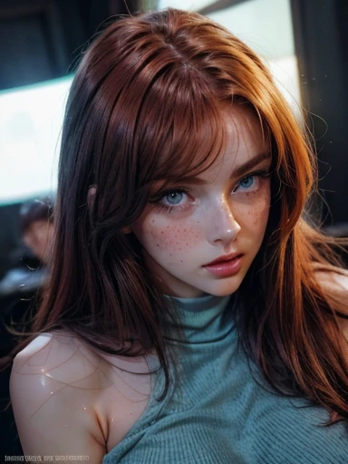 1 Irish woman, extremely beautiful and very legitimate redhead. Extremely slender, with freckles, big bright blue eyes, wearing green sweater falling down showing shoulders, symmetrical body, sensualizing, pouting with orgasmic expression, highly arousing, high quality 32k, UHD, hyper-realistic, cinematic, dynamic close-up above.