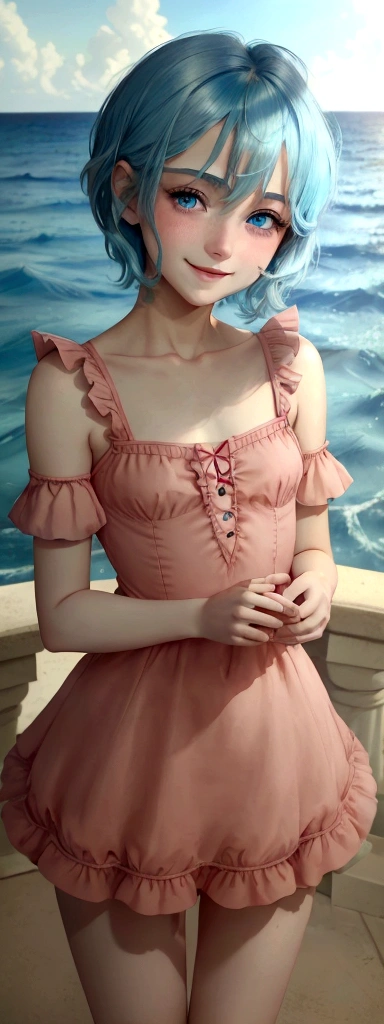 ((best quality)), ((masterpiece)), (detailed), femboy, blue aqua hair, blue eyes,short hair,( flat chest), thin body, big butt, cute face,blush on face, smile face, frilled dress, short dress, red color dress, sexy pose, hot pose, sea background 
