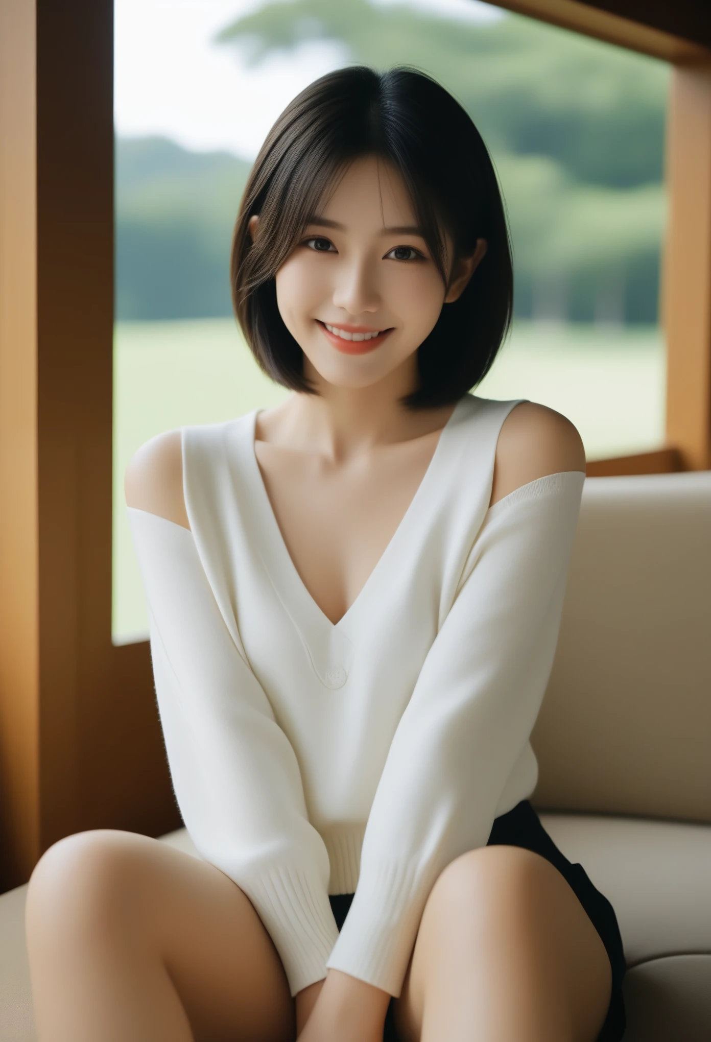 8K, Ultra-high resolution, Highest quality, masterpiece, 三分割法によるphotograph,Surreal, photograph, 1 Girl, (:1.3), pretty girl, Cute face, Beautiful eyes in every detail, 細かくdetailedに,masterpiece,, One Girl:1.2, Japan Female Announcer,whole body,(Golf Wear:1.5),(Golf course:1.5),Pencil Skirt、Knee socks, Attractive thighs, Sensual,A carefree smile,Heal the heart,Black Hair,Short Bob,Looking at the audience、beauty,Long neck、Laugh a little、Please close your mouth and laugh、(((Ideal body type))),A cup small breasts :2,、Portraiture:2、Perfect Anatomy、鮮明なdetailed、detailed、Surreal、Light and shadow,Strong light