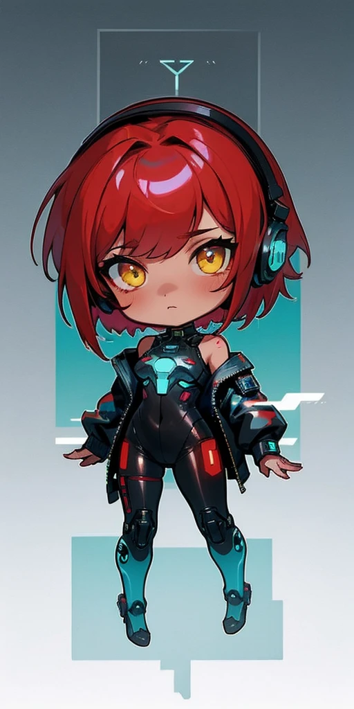 1girl in, android, Cyberpunk, red hair, cyan and yellow eyes, Short hair, White breastplate, Black futuristic headphones, Mechanical black glossy metallic Bodysuit, Bare shoulders, oversized jacket, Glossy, shiny material,chibi emote, chibi character, cyberpunk city,