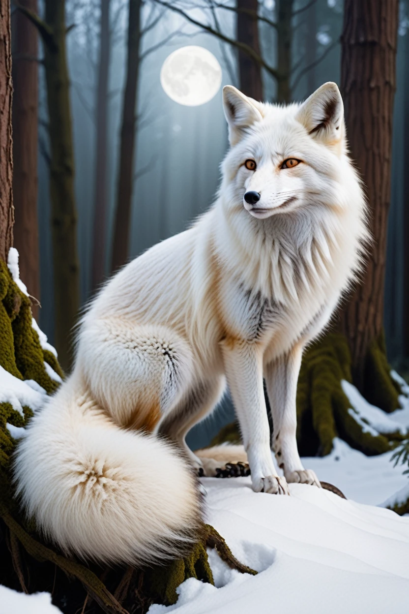 A colossal white fox emerges from the depths of an ancient forest, its nine tails gracefully unfolding like a fan. Its piercing golden eyes gleam in the moonlight, casting an otherworldly aura upon its immaculate snow-white fur. The mystical creature radiates an air of profound wisdom and enchantment, its presence commanding reverence and awe.
Additional details:
The fox's tails are long and flowing, each one tipped with a soft, fluffy brush.
Its fur is as pristine as freshly fallen snow, devoid of any imperfections or blemishes.
Its eyes are large and almond-shaped, reflecting an depth of intelligence and ancient knowledge.
The moonbathes the scene in an ethereal glow, illuminating the fox with an otherworldly radiance.
The forest exudes an air of mystery, its towering trees and tangled undergrowth hinting at hidden depths and secrets.