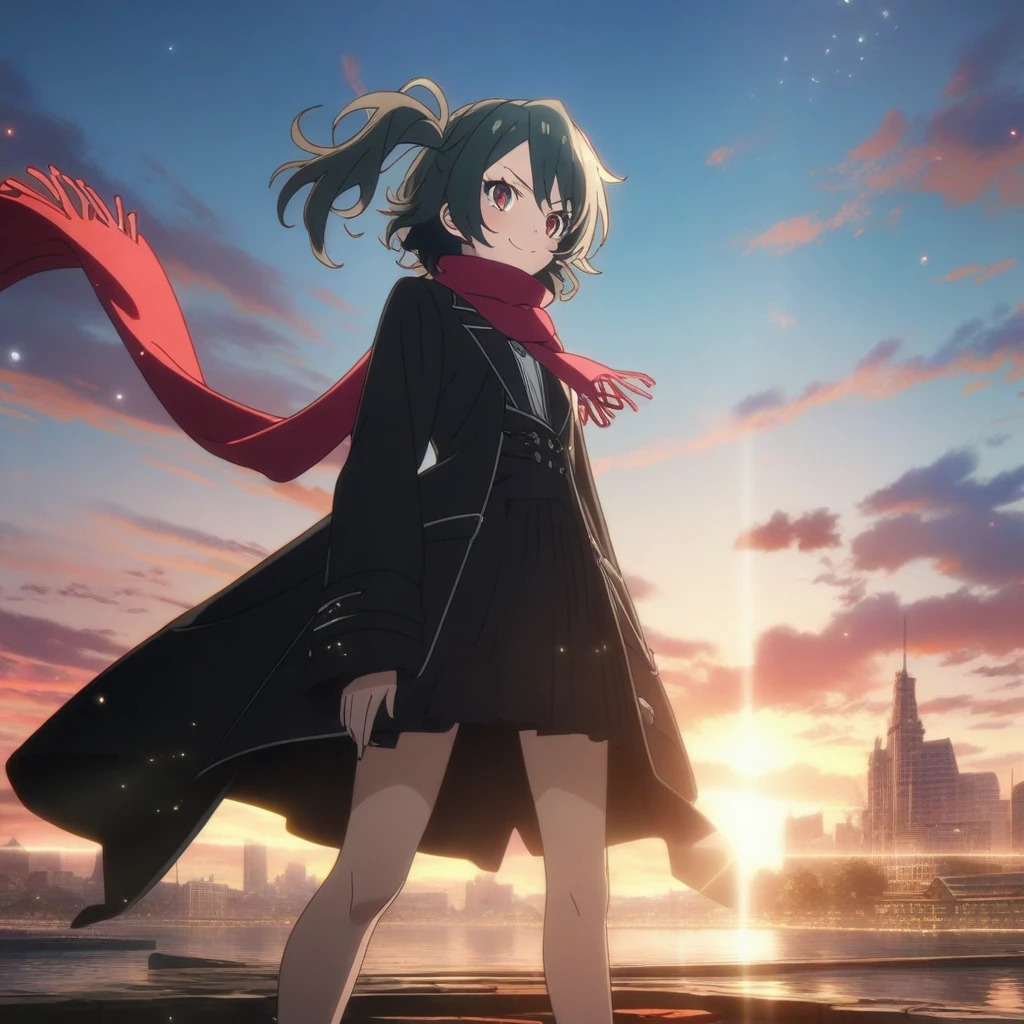 1girl, Michiko Malandro, , HD Michiko & Hatchin screencap, high definition, lighting, attractive, standing, smile, black coat, red scarf, black hair, side ponytail, red eyes, (very aesthetic, best quality, ultra detailed), 8k, intricate details, highres, absurdres, outdoors, sunset, scenery, light particles, buildings, blue sky, high resolution