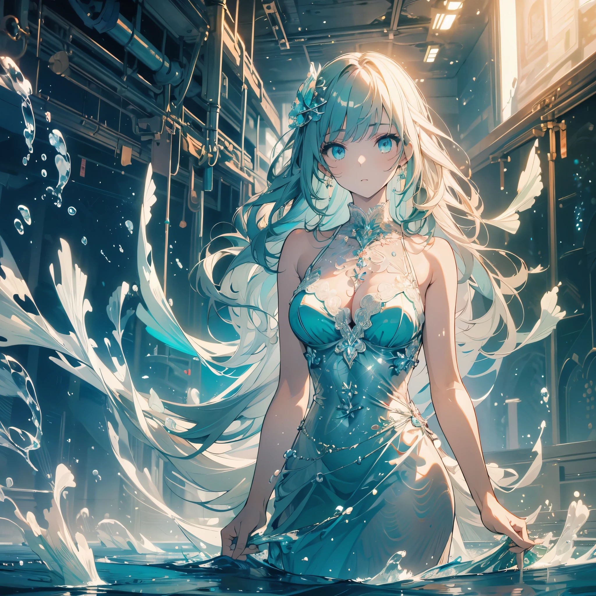 a 16 year old water goddess, Looks cute, (Silver blue hair streaked glowing blue:1.6), (Gradient dark blue hair ends:1.4), absundly extra long floating hair, hair over one eye, hair strand, (((Illusion aqua blue eyes))), delicate eyes, aqua eyes, like real eyes, (((glowing aqua eyes))), Blue extra gorgeous maxi classisskirt, wide angle shot, Focus on face, Very detailed facial, sexy body, Random pose, Random expressions, ((Floating in the sky of the city)), (((floating on the water))), (((Hand holding glowing spinning water polo))), (huge liquid circles stand upright floating on the back:2), (((floating blue liquid turn around body))), ((blue magic circle halo on the head)), makeup, light blue nail, aqua earrings, starry night sky, meteor, chiaroscuro, ((glowing light)), (sparkle), ray tracing, cinematic lighting, motion blur, Futurism, anime, best quality, UHD, super detail, masterpiece, highres, ccurate