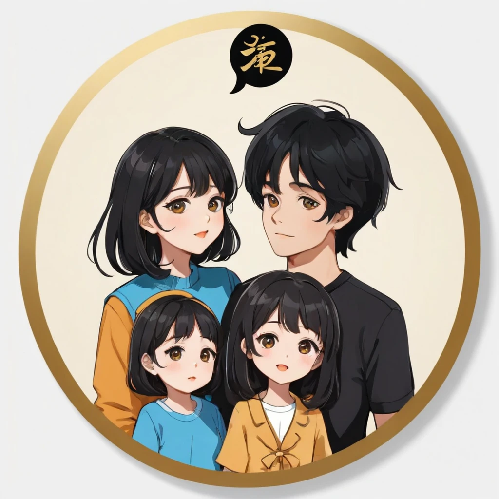 (sticker),white background,(In a circle), (3D anime family), layered black hair, black eyes,fun expression,cute clothes.gold edge,simple, Very detailed, drawingโดยละเอียด, Vector model, Silhouette, 8K, ออกแบบstickerแบบมืออาชีพ, Flat design, Vector Lines, sticker, drawing, drawing, Full HD, family of four, There are father, mother and daughter., My daughter is grown up., Child's age is approximately 15-19 years., baby in arms, express warmth, Everyone is a little fat.,
