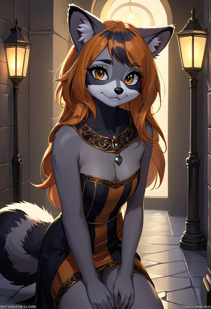 Create an realistic CGI photo of a anthropomorphic raccoon women. Long orange and black striped hair. The photo should be of the highest quality, a masterpiece with intricate details. The raccoon women should have a female, humanoid, appearance, with a vaugly human face. She should have luscious lips, a wide smile, and bright, expressive eyes, exuding beauty, cuteness, and adorableness. Ensure the image is high resolution and sharply detailed, with a detailed and vibrant background. Incorporate mystical lighting in the background, creating a romantic and enchanting atmosphere. regal. noble.
