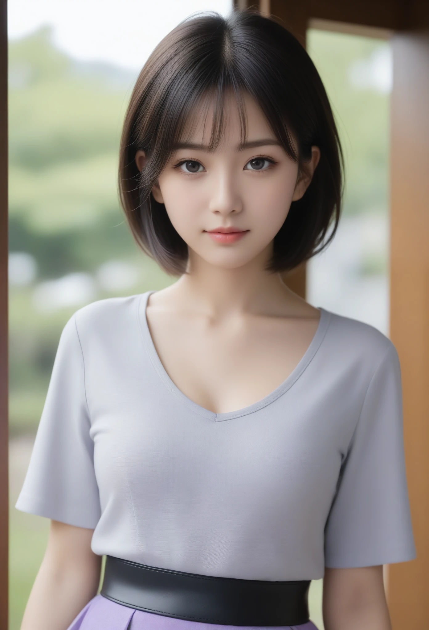 8K, Ultra-high resolution, Highest quality, masterpiece, 三分割法によるphotograph,Surreal, photograph, 1 Girl, (16 years old:1.3), pretty girl, Cute face, Beautiful eyes in every detail, 細かくdetailedに,masterpiece,, One Girl:1.2, Japan Female Announcer,whole body,(Absurd, High Fantasy Art, Best HD images, 注意深くdetailedに, 非常にdetailedな特徴と質感), Solo Character, 16 years oldの野蛮な少女, She has short black hair, Purple eyes with black pupils, Flat Chest, Slim texture, Very thin lips, White skin, (Scottish short skirt, Grey Leather Shirt, silver meral belt between her Scottish short skirt and belly), Confident pose, Very serious face, No Sense of Humor Irish Wooden Cottage with Ancient Greek and Celtic Furniture, Attractive thighs, Sensual,A carefree smile,Heal the heart,Black Hair,Short Bob,Looking at the audience、beauty,Long neck、Laugh a little、Please close your mouth and laugh、(((Ideal body type))),A cup small breasts :2,、Portraiture:2、Perfect Anatomy、鮮明なdetailed、detailed、Surreal、Light and shadow,Strong light