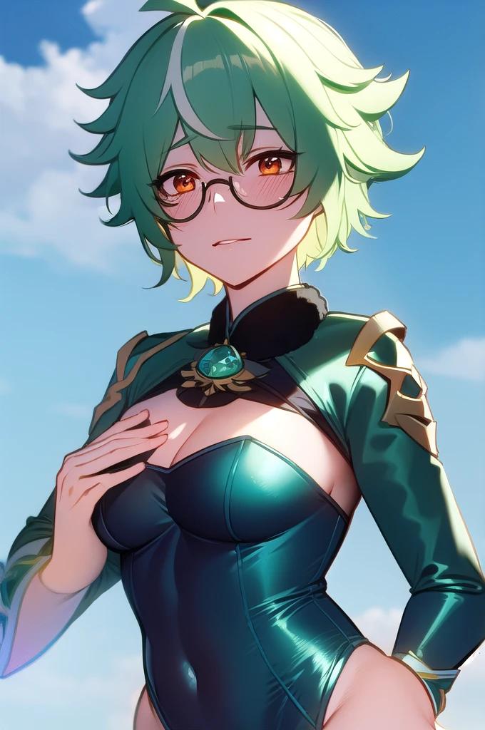 sucrosedef, sucrose \(genshin impact\), 1girl,solo, short hair,, green hair
BREAK  (bunnysuit,semi-rimless eyewear,:1.4)
BREAK looking at viewer, full body, upper body,
BREAK outdoors, city, sky,
BREAK (masterpiece:1.2), best quality, high resolution, unity 8k wallpaper, (illustration:0.8), (beautiful detailed eyes:1.2), extremely detailed face, perfect lighting, extremely detailed CG, (perfect hands, perfect anatomy),