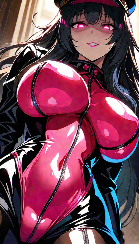 (highest quality:1.2,evil lady,cg, Very detailed, High Detail, digital coloring, High Contrast, masterpiece:1.2, highest quality, Best aesthetics), 8k,masterpiece, cute,tall,beautiful,best quality, 1lady,black hair,long hair,empty eyes, (finely detailed glowing eyes and detailed face),,,,extremely detailed cg unity 8k wallpaper,solo,(latex military costume:0.9),large breasts,seductive smile,military hat,latex thighhigh,large breasts,black hair,pink eyes,pink leotard,pantyhose,military coat,enamel suits,grossy lips,sitting,,sadistic smile,,heel,shiny skin,military coat,detailed face,beautiful body,full-body,adult,leotard,show me breasts,sadistic,seductive smile,enamel leotard,latex,
