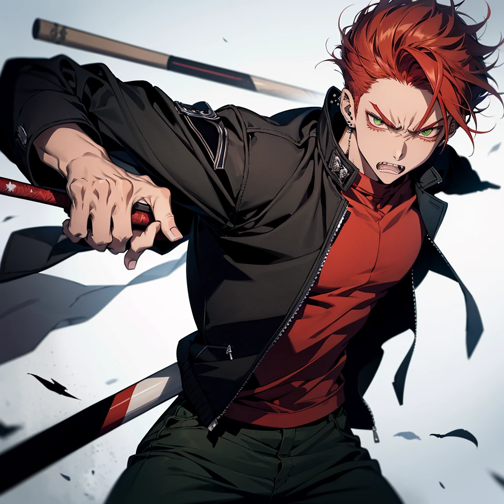 1 male, anime boy, delinquent, red hair, green eyes, dark tanned skin, piercings, pointy teeth, angry face, muscly, baseball bat, gakuran jacket, black clothes, school background,