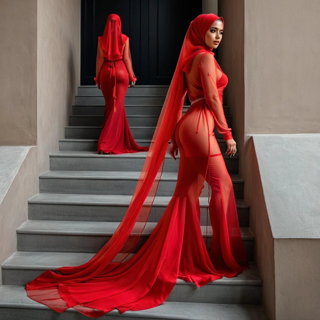 a woman in the translucent red gown, tight full body tied, transparent very long gown, nipple on with nipple piercing, wearing translucent veils, full body expose under gown, modern hijab, full body, long tail gown,mermaid tight long gown, flowy dramatic long gown, tall women,strugle to walk, sexy leg, wear high heels, walk upstair, back pose, ass expose, masterpice