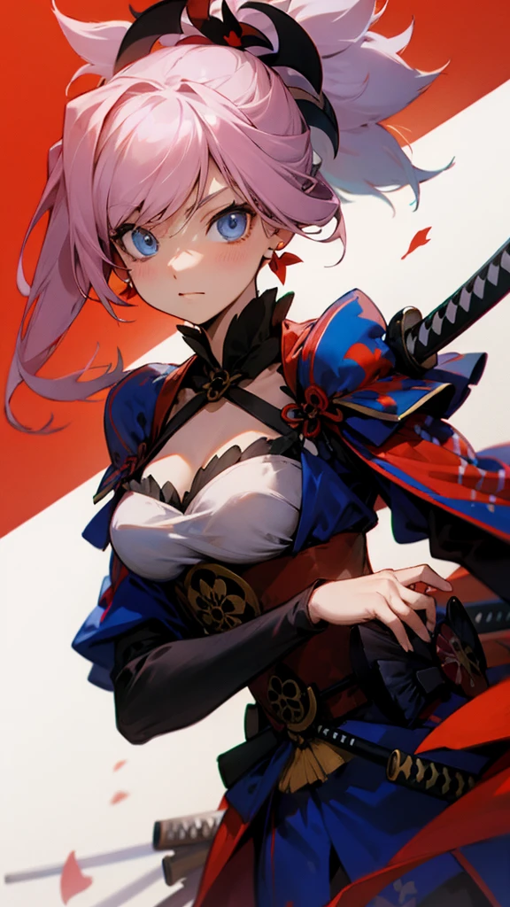 miyamoto musashi, asymmetrical hair, blue eyes, earrings, hair ornament, pink hair, ponytail, sidelocks,masterpiece anime, best quality 