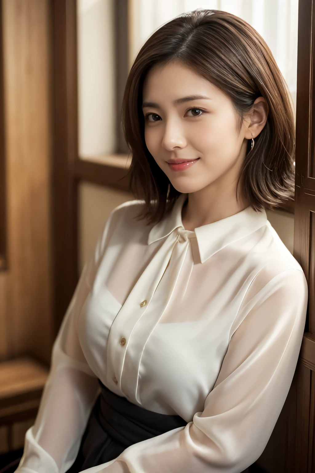 (Raw Photo), (Photorealsitic), (Masterpiece), (Best Quality), High Resolution, 8K, (Intricate Details), (Voluminous Light), Portrait, Female, 35 Years Old, Short Hair, Straight Hair , layered hair, brown hair, very fine eyes, source order, very fine eyebrows, very fine skin, very fine mouth, very fine nose, cute like an idol, happy smile, (thick lips), (looking at the viewer), (elegant blouse), waist shot,