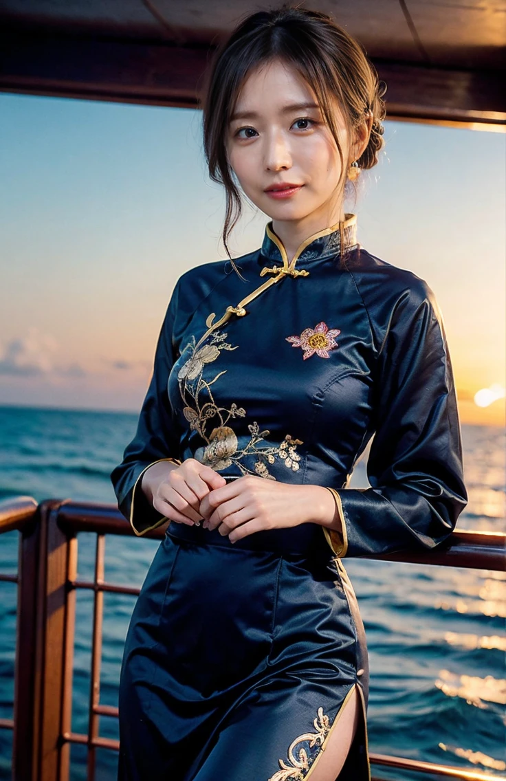 The sky turns red、Gorgeous gold embroidered cheongsam、hair ornaments、Tie your hair elegantly、gorgeous silk cheongsam、((Standing on a boat and posing sexy、With embroidered long skirt、A gorgeous and shiny navy-colored Chinese dress:1.4)).A luxurious and shiny silk cheongsam、A gorgeous navy blue cheongsam with embroidery、Woman standing on a boat、Light brown hair、Elegant hairstyle、Blue Eyed Woman、A woman with a cute upward gaze、When the sky gets dark、The gentle light of the ship shines、The sky turns red as the sun sets、Tight clothing that shows your body lines、、Elegant navy blue summer knit、Elegant black summer sweater、Short skirt、Dress elegantly着こなす、Luxury Bagedium Shorthair:1.4））、Skyscrapers seen across the sea、Manhattan 私sland is visible offshore、Woman on a sightseeing boat、、The sun shines on her、Light brown hair、Light brown hair、The sky was dyed red、There are clouds、private's cute、An elegantly dressed woman is sitting on a boat and watching the sunset、彼女のAmple breastsは服の上からでも明らかです.、輝く太陽はとてもbeautiful、Dusk is approaching、Lens flare、You can see the sunset、（（Sunlight reflecting off the ocean、Ocean View、The sun shines on the ocean、&#39;beautiful.、Small earrings、private&#39;evening、Birds are also flying、、Brown Hair Color、Tying up hair、The woman is on the right:1.4））、Luxury Leather Belts、Shiny clothes、Light beige hair color、Background Blur、Braid only the front hair、Light brown hair、｛｛Cowgirl Shot｝｝、（（Close-up shot from the waist up、Ample breasts:1.4））、にっこりsmile、Silk clothing、服からでも分かるAmple breasts、Braid only the front hair、Cowboy Shot、Gorgeous white collared silk shirt and brown skirt、Dress elegantly、Luxury Bags、素敵なsmile、（（Ample breasts））、Full body photo、ring、Short skirt、Tuck your hair behind one ear、Silver Necklace、smile、 Elegant ponytail、Caustics、Highly detailed photos、Very beautiful and ideal short hair、Super no makeup、(8K、RAW Photos、Highest quality、masterpiece:1.2)、(Realistic、Realistic)、1 Girl、((Medium Short Hair、Looking into the camera:1.4))、Hair blowing in the wind
